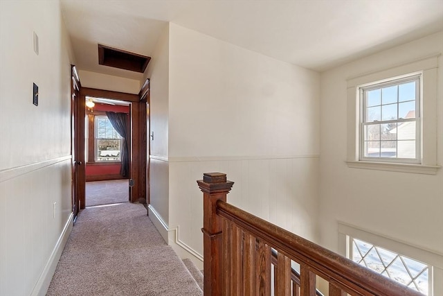 hall featuring an upstairs landing, wainscoting, visible vents, and carpet flooring