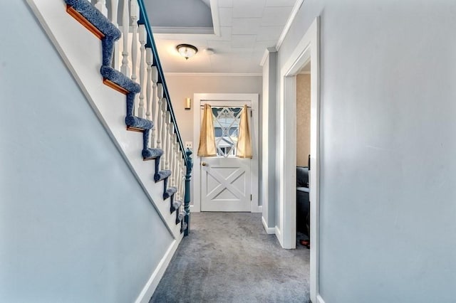 interior space with crown molding and carpet