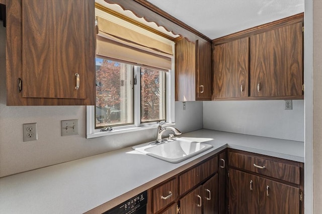 kitchen featuring light countertops, dark brown cabinets, and a sink