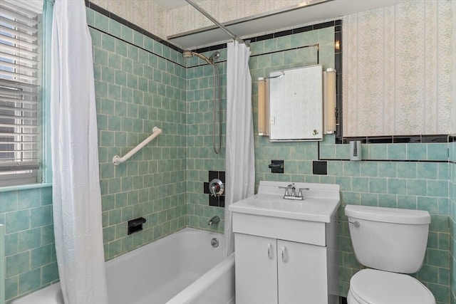 full bathroom featuring tile walls, shower / bathtub combination with curtain, and wallpapered walls