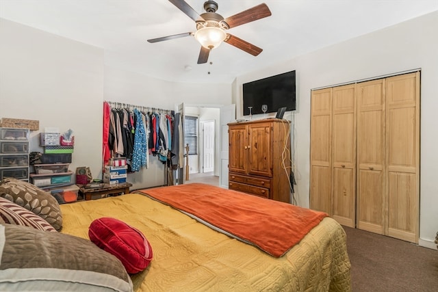 carpeted bedroom with ceiling fan