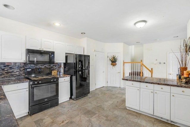 kitchen featuring recessed lighting, white cabinets, dark stone counters, black appliances, and tasteful backsplash