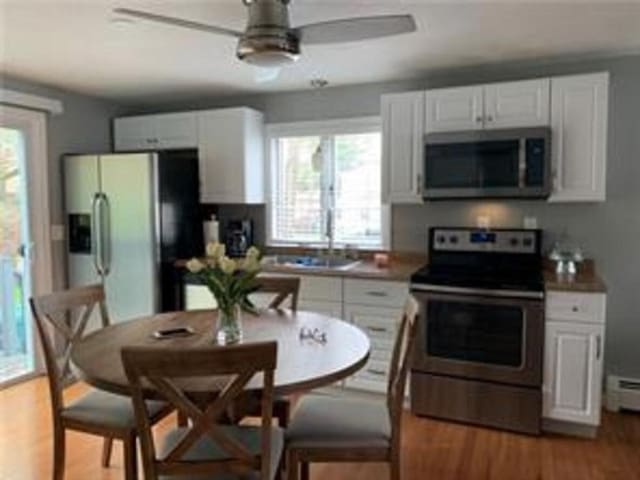 kitchen with appliances with stainless steel finishes, plenty of natural light, a ceiling fan, and wood finished floors