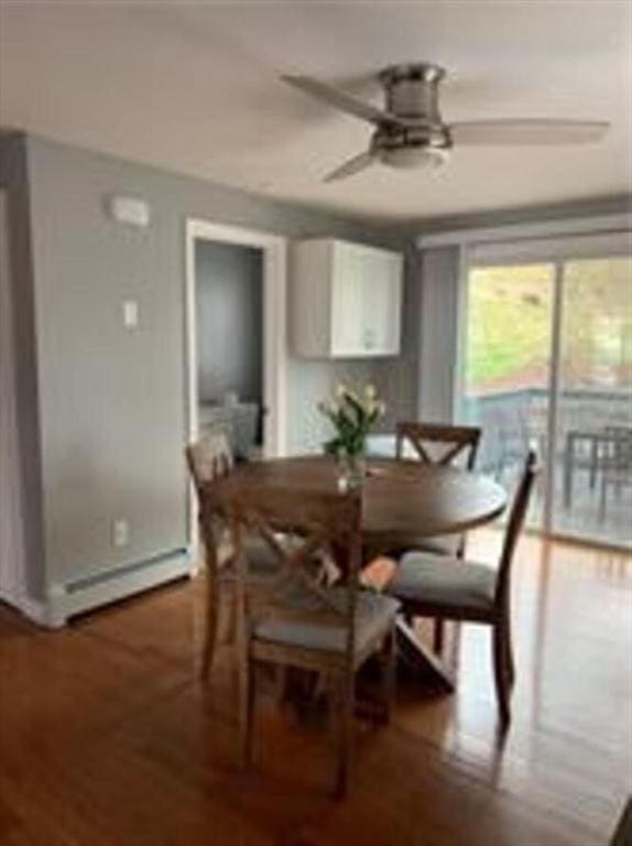 dining space featuring ceiling fan and wood finished floors