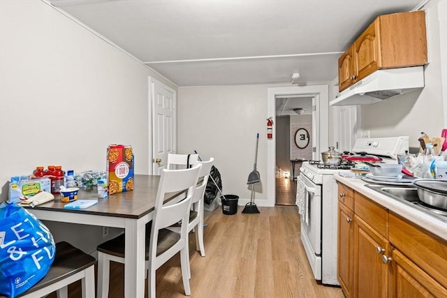 48-50 Portland St, Haverhill, MA 01830 - kitchen featuring white gas range, under cabinet range hood, light wood-style floors, brown cabinets, and light countertops