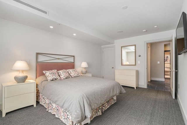bedroom featuring carpet flooring, visible vents, and recessed lighting