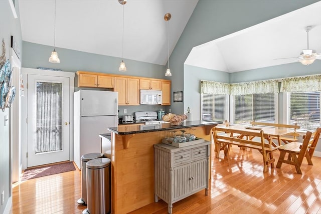 5 Lazy Day Dr Unit 5, Westford, MA 01886 - kitchen with light brown cabinetry, white appliances, light wood-style floors, ceiling fan, and high vaulted ceiling