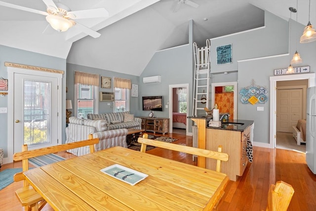 5 Lazy Day Dr Unit 5, Westford, MA 01886 - dining area featuring hardwood / wood-style floors, high vaulted ceiling, a ceiling fan, and a wall mounted air conditioner