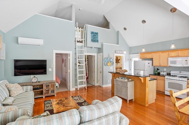 5 Lazy Day Dr Unit 5, Westford, MA 01886 - living room with light wood-style floors, high vaulted ceiling, baseboards, and a wall unit AC