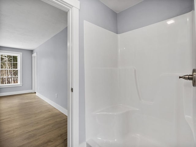 bathroom with hardwood / wood-style flooring and walk in shower