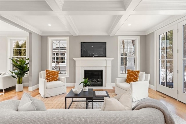 living room with a premium fireplace, beamed ceiling, a wealth of natural light, and wood finished floors