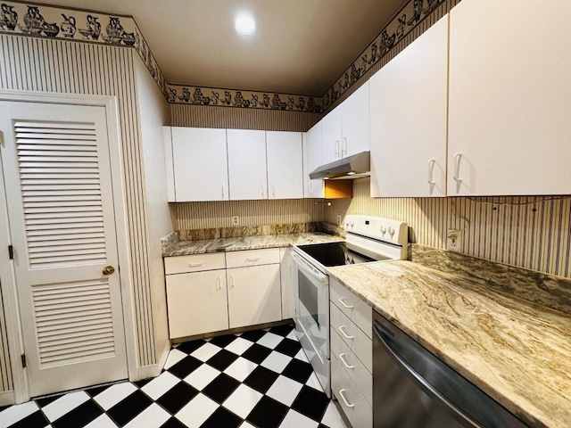 kitchen featuring white cabinets, electric stove, dishwasher, dark floors, and under cabinet range hood