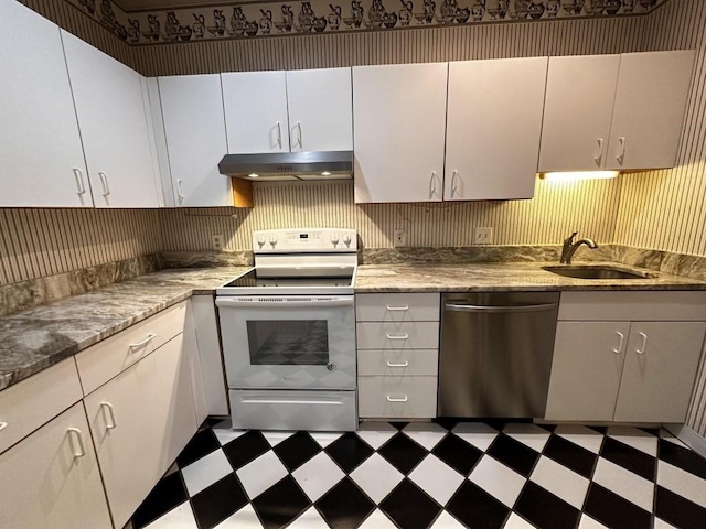 kitchen featuring electric range, dishwasher, dark floors, under cabinet range hood, and a sink