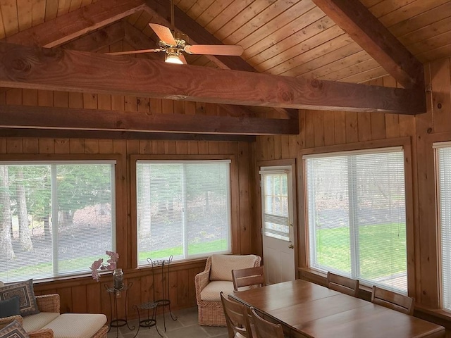 sunroom / solarium with wood walls, wooden ceiling, vaulted ceiling with beams, and a healthy amount of sunlight