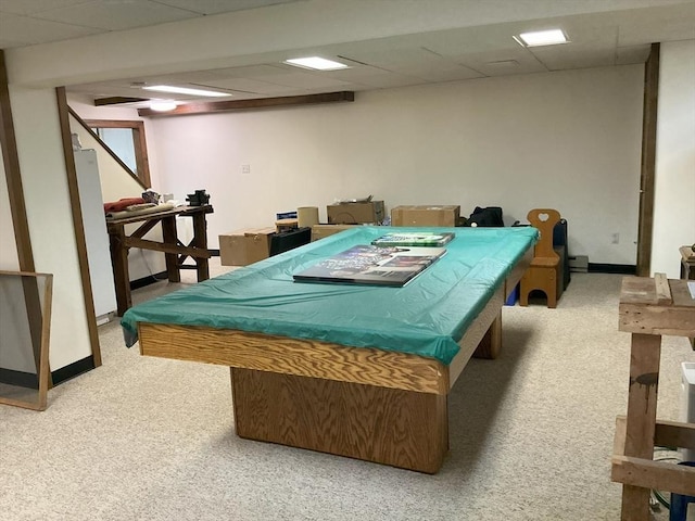 rec room featuring billiards, light carpet, and a drop ceiling