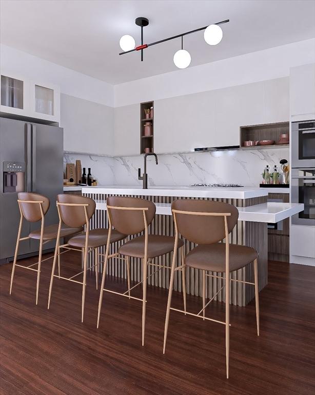 29 Woodford St Unit 2, Boston, MA 02125 - kitchen with appliances with stainless steel finishes, backsplash, dark wood finished floors, and open shelves