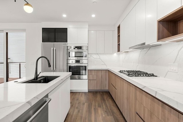 29 Woodford St Unit 2, Boston, MA 02125 - kitchen with open shelves, modern cabinets, stainless steel appliances, a sink, and recessed lighting