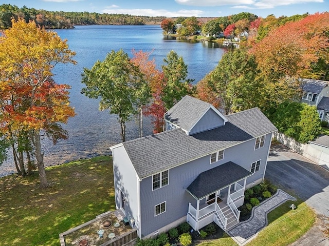drone / aerial view featuring a water view