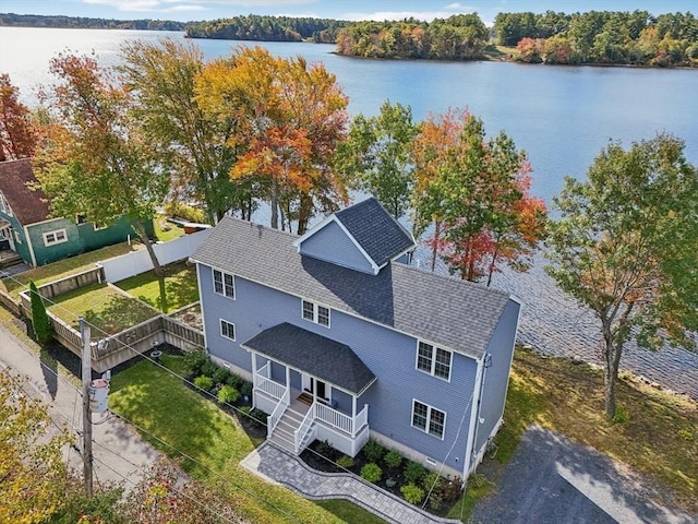 drone / aerial view with a water view