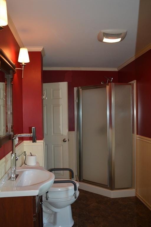 19 Noble Ave, Westfield, MA 01085 - full bath featuring a wainscoted wall, a shower stall, vanity, and crown molding