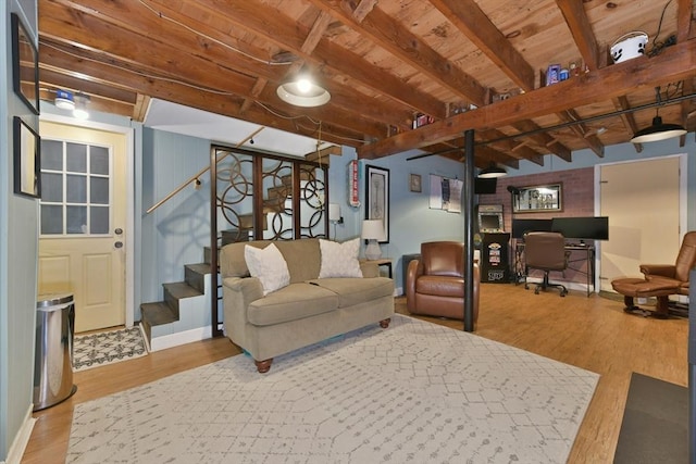 1026 Chandler St, Tewksbury, MA 01876 - living area featuring stairway, wood finished floors, an office area, and wood ceiling