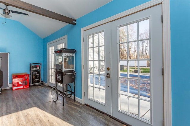 doorway to outside featuring vaulted ceiling with beams, wood-type flooring, french doors, and ceiling fan