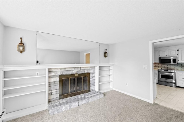 91 Observatory Waye, Marshfield, MA 02050 - unfurnished living room featuring a glass covered fireplace, light carpet, a baseboard heating unit, and baseboards
