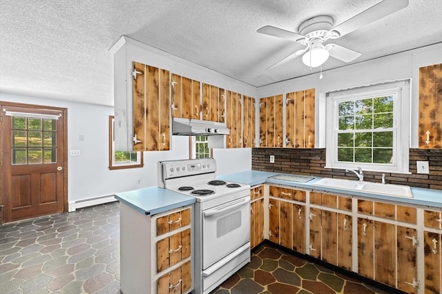 91 Observatory Waye, Marshfield, MA 02050 - kitchen featuring electric stove, under cabinet range hood, a sink, a textured ceiling, and healthy amount of natural light