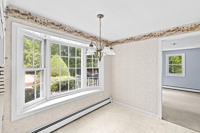91 Observatory Waye, Marshfield, MA 02050 - unfurnished dining area with baseboard heating, a chandelier, a textured ceiling, and baseboards