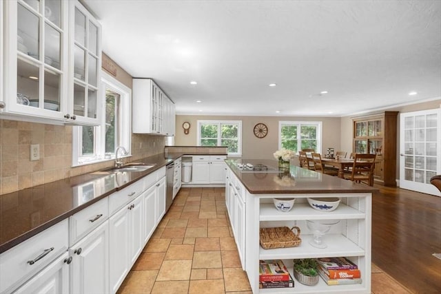12 Whitcomb Ln, Hingham, MA 02043 - kitchen with open shelves, dark countertops, recessed lighting, stovetop, and decorative backsplash
