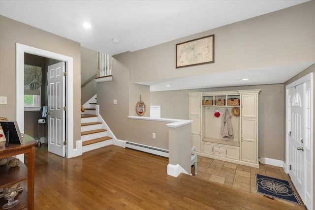12 Whitcomb Ln, Hingham, MA 02043 - foyer with a baseboard radiator, stairway, light wood-type flooring, and recessed lighting