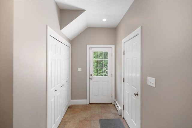 12 Whitcomb Ln, Hingham, MA 02043 - doorway to outside with baseboard heating, light stone finish flooring, and recessed lighting