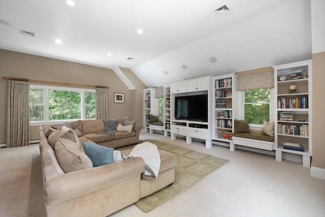 12 Whitcomb Ln, Hingham, MA 02043 - living room with plenty of natural light, lofted ceiling, light colored carpet, and recessed lighting