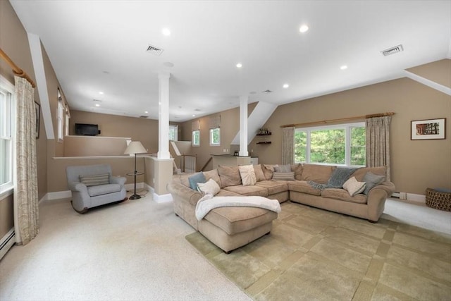 12 Whitcomb Ln, Hingham, MA 02043 - living area with carpet floors, ornate columns, and recessed lighting