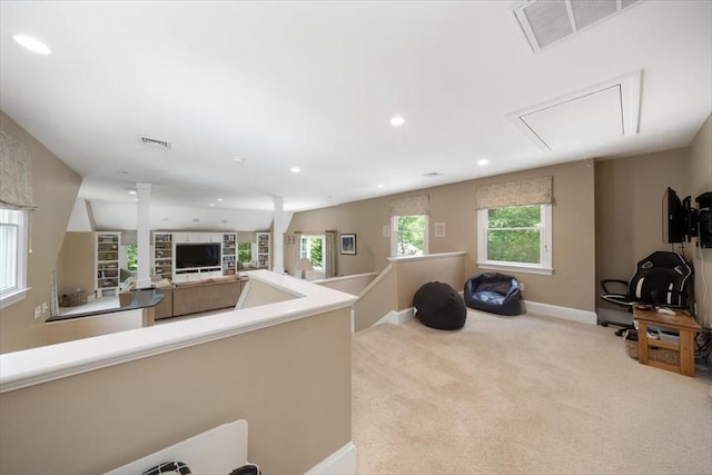 12 Whitcomb Ln, Hingham, MA 02043 - carpeted living area with attic access and recessed lighting