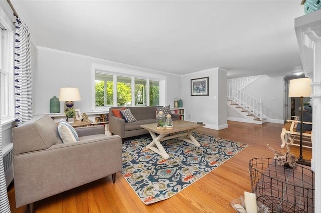 12 Whitcomb Ln, Hingham, MA 02043 - living area with stairs, wood finished floors, and ornamental molding