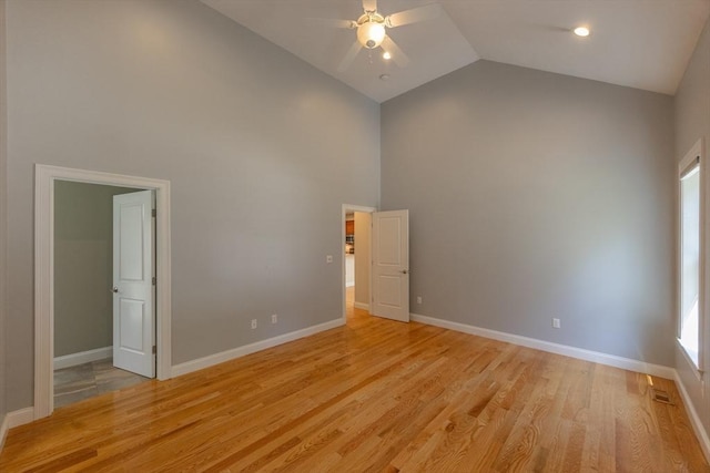 10 Chase Lndg Unit B, Easton, MA 02375 - empty room with high vaulted ceiling, a ceiling fan, light wood-style floors, and baseboards