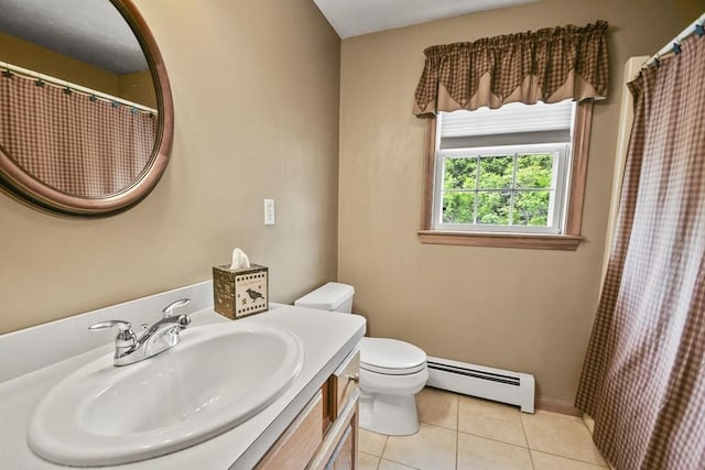 18 Jackson Ave, Rutland, MA 01543 - full bath featuring baseboard heating, toilet, vanity, tile patterned flooring, and a shower with shower curtain