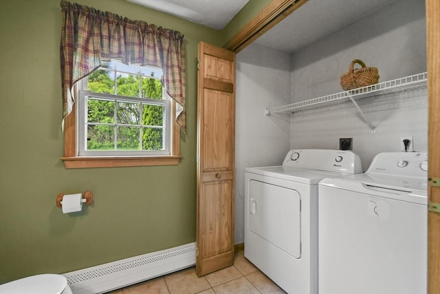 18 Jackson Ave, Rutland, MA 01543 - laundry area with a baseboard radiator, washer and clothes dryer, and light tile patterned floors