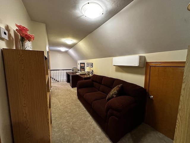 living room featuring carpet and vaulted ceiling