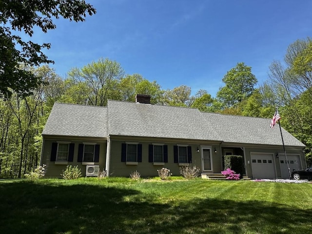 ranch-style home featuring an attached garage, a chimney, a front yard, and a shingled roof