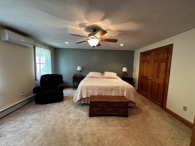 bedroom featuring an AC wall unit, light colored carpet, baseboard heating, baseboards, and a ceiling fan
