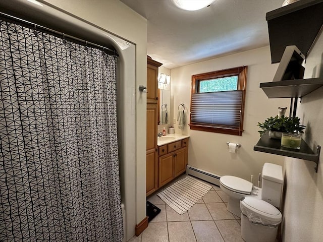 bathroom with a baseboard radiator, toilet, tile patterned flooring, vanity, and a shower with curtain