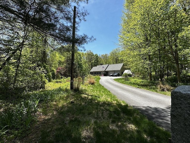 view of asphalt driveway with a wooded view