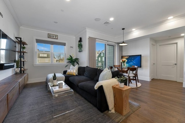 living room with dark hardwood / wood-style flooring and crown molding