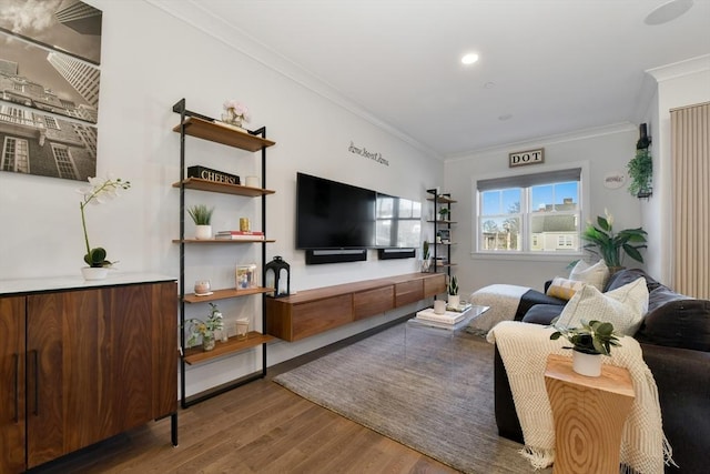 living room featuring dark wood-type flooring and crown molding