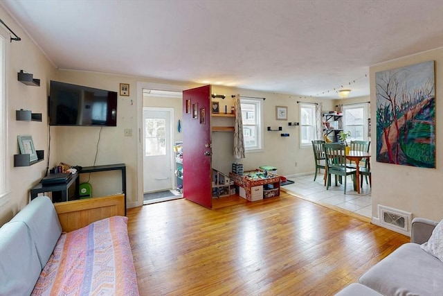 living area with baseboards, visible vents, and light wood-style floors