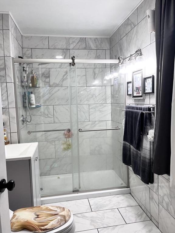 bathroom featuring vanity and a shower with shower door