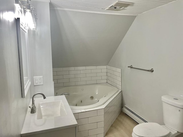 43 Aubin St Unit 1, Amesbury, MA 01913 - bathroom featuring a baseboard heating unit, toilet, a whirlpool tub, lofted ceiling, and vanity