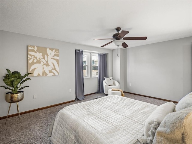 bedroom featuring carpet, a ceiling fan, and baseboards